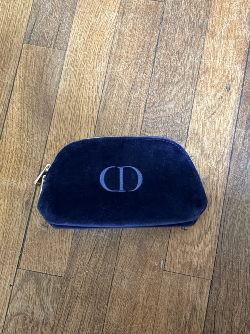 Dior Navy Velvet Cosmetic Pouch with CD Logo and Gold Zip